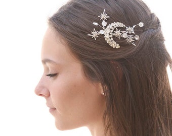 Shooting stars Vintage Moon Celestial Wedding Hair Comb, Moon and Stars Bridal Headpiece, Constellation Hair Accessory Art Deco Weddings