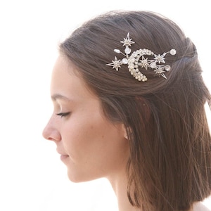 Peigne à cheveux mariage céleste lune vintage, coiffe de mariée lune et étoiles, accessoire cheveux constellation mariages Art déco image 1