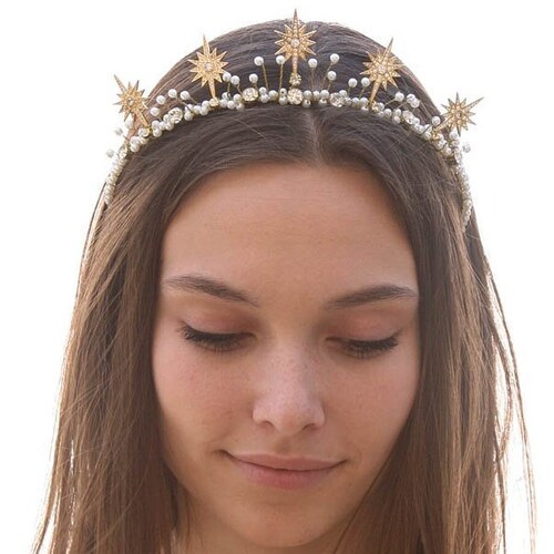 Gold Star Celestial Wedding Crown Rhinestone and Pearl shops Headpiece Metal Star Headband Boho Wired Gold Tiara Star Hair Jewelry