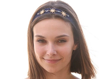 Navy Hippie Chic Bohemian Tie Headband with Gold Stars and Crystals, Celestial Headband for Women and Teens, Woman Hair Accessory