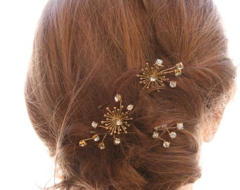 Gold Flower and Rhinestone Wedding Hair Pins Bridal Hair Pin Set, Brass Flower Bobbie Pins Hair Jewelry Beaded Headpiece