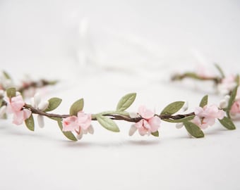 Flower Crown Pink and Green, Wedding Halo, Small Floral Headbands, Bridesmaids Hair Accessory, Flower Girl Headpiece