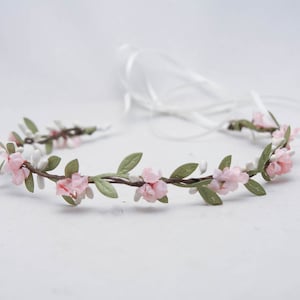 Flower Crown Pink and Green, Wedding Halo, Small Floral Headbands, Bridesmaids Hair Accessory, Flower Girl Headpiece image 2