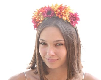 Mexican Flower Crown in Pink Orange and Yellow, Day Of the Dead Headband Halloween Hair Accessory Corona de Flores Costume Frida Kahlo Halo