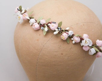 Rosa und weiße Blumen Krone, Vintage Blumen Stirnband Boho Hochzeit Kopfschmuck Vintage Blumen Braut Blumenkranz Glower Girl Halo