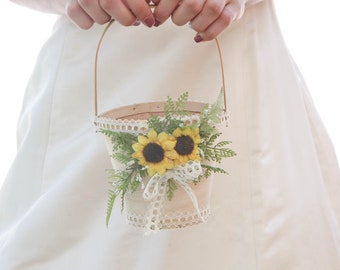 Flower Girl Basket with Sunflowers, Fern and Vintage Lace, Floral Basket for a Flower Girl Rustic Wedding Accessories, Easter Baskets