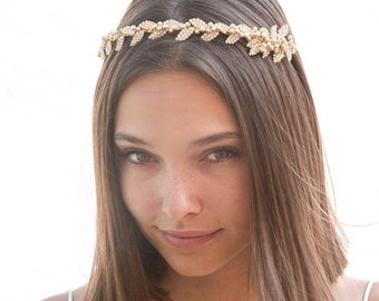 Gold Rhinestone Leaf Headband, Wedding Headpiece with Champagne Pearls, Beaded Tiara