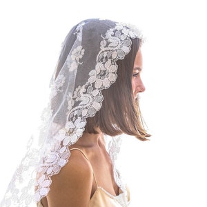 Vintage All Lace Mantilla Wedding Veil, Made in Spain, Short Ivory Lace Catholic Church Veil