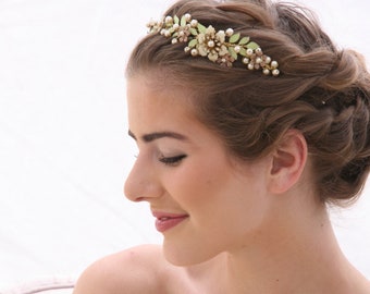 Green and Champagne Hand Painted Metal Wedding Tiara with Pearls, Vintage Inspired Bridal Headband, Garden Wedding Hair Vine beaded tiara