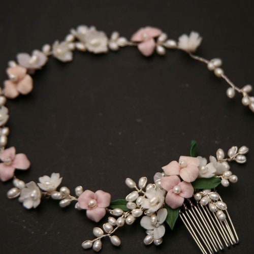 Wedding Hair Vine of Ivory and Pastel Clay Flowers and Fresh Water Pearls Wedding Headpiece Blush Pink Flower Crown .br Wedding Hair Vine of Ivory and Pastel Clay Flowers and Fresh Water Pearls Wedding Headpiece Blush Pink Flower Crown .br