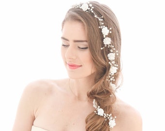 Extra Long Wedding Hair Vine Beaded Wedding Headpiece with Pearls Rhinestones and Flowers Floral Hair Vine