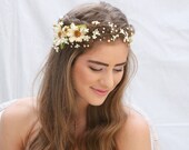 Rustic Floral Hair Vine of Ivory Daisies and Pearls, Beaded Woodland Wedding Hair Halo Flower Crown Boho Wedding Bridal Hair Wreath