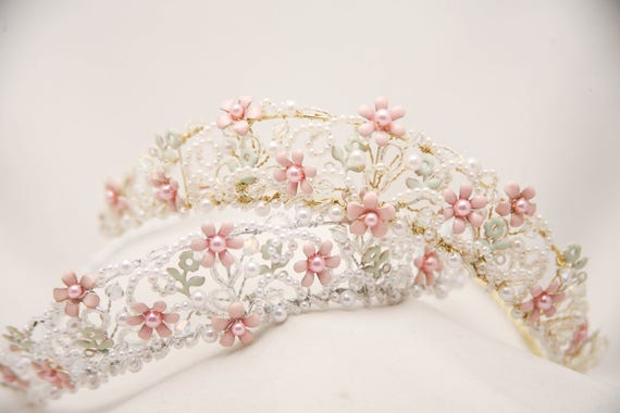 Vintage Wedding Crown with Blush Pink Flowers Bea… - image 5