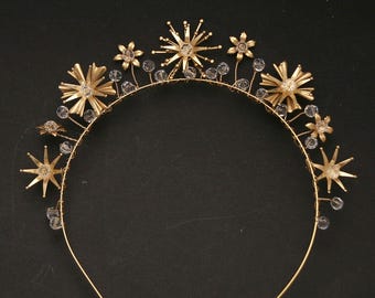 Gold Celestial Wedding Crown Crystals and Stars Headpiece,  Headband Tiara