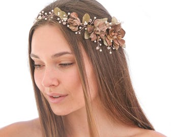 Rose Gold Floral Hair Vine of Wired Flowers and pearls Beaded Wedding Headpiece