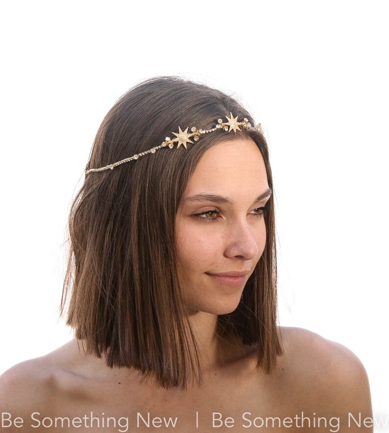 Gold Wedding Headpiece with Golden Stars and Rhinestones, Celestial Wedding Boho Wired Gold Tiara Hair Accessory 画像 2