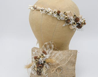 Burlap Dried Flower Ring Bearer Pillow & Flower Crown: Fall Wedding Set