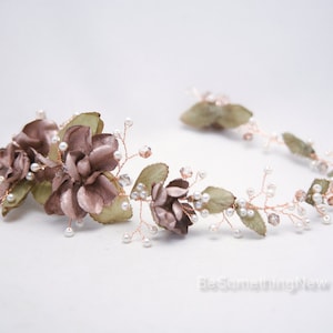 Rose Gold Floral Hair Vine of Wired Flowers and pearls Beaded Wedding Headpiece Woodland Wedding Hair Halo Flower Crown Boho Bridal Wreath image 7