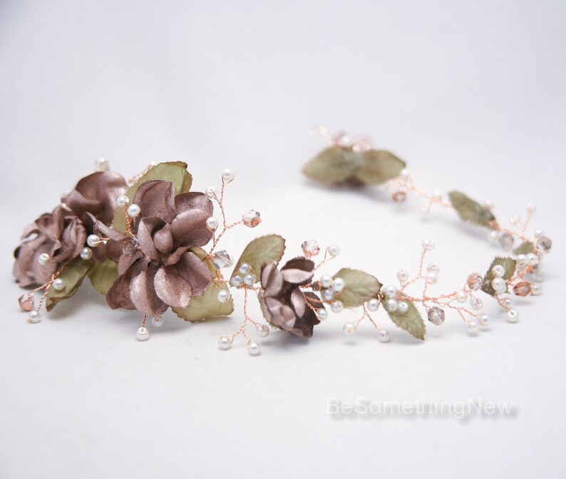 Rose Gold Floral Hair Vine of Wired Flowers and pearls Beaded Wedding Headpiece Woodland Wedding Hair Halo Flower Crown Boho Bridal Wreath image 7