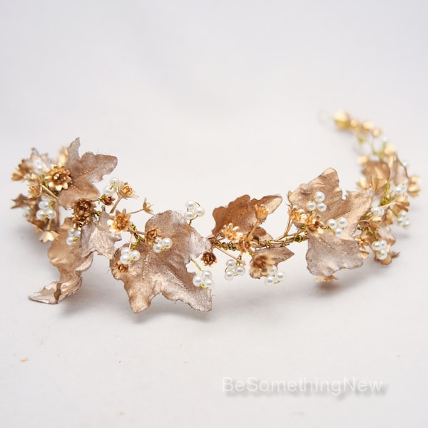 Gold Bohemian Rustic Wedding Wreath bridal Crown Headpiece of Golden Babies Breath and Gold Leaves Flower Crown Leaf Headband Boho Wedding