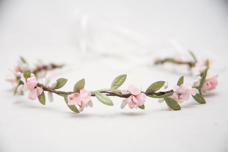 Flower Crown Pink and Green, Wedding Halo, Small Floral Headbands, Bridesmaids Hair Accessory, Flower Girl Headpiece, a small halo of green leaves small pink flowers on a bendable pip berry vine with ribbon ties