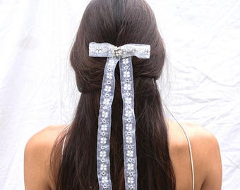 Lace Ribbon Wedding Hair Bow: Rhinestone Center, Long Tails