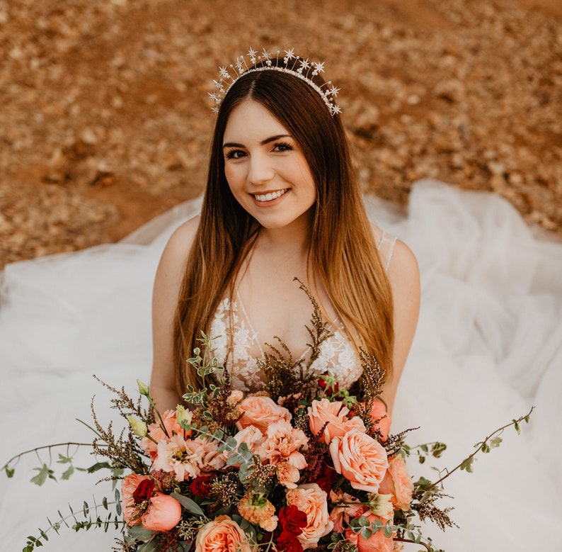 Celestial Wedding Crown of Gold Stars with Rhinestone and Pearls, Boho Tiara image 3