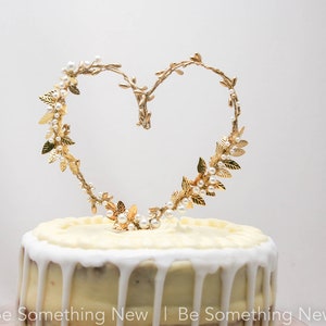 Gold Heart and Metal Leaf Wedding Cake Toper Twisted Berry golden Rustic Heart Wedding Decor Metal leaves image 6