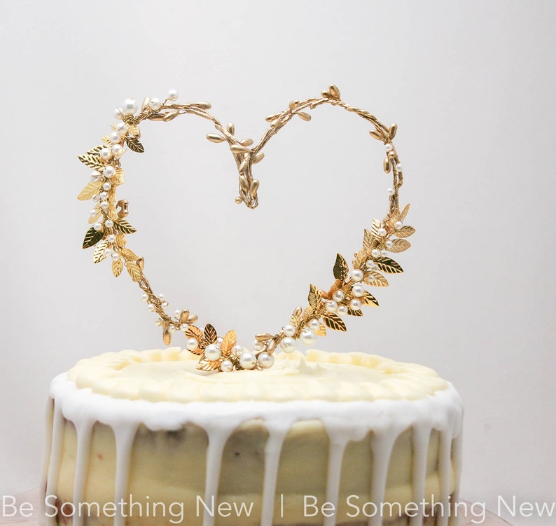 Gold Heart and Metal Leaf Wedding Cake Toper Twisted Berry golden Rustic Heart Wedding Decor Metal leaves image 6