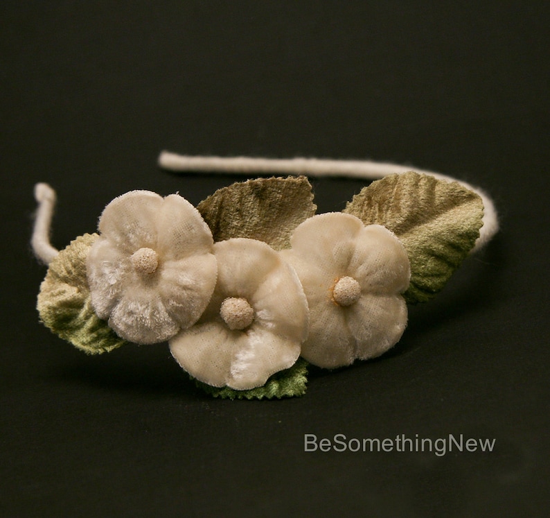Vintage Flower Headband Ivory Flower Wedding Headband with Green Leaves Bridesmaids Floral Headband Ivory Hair Accessory