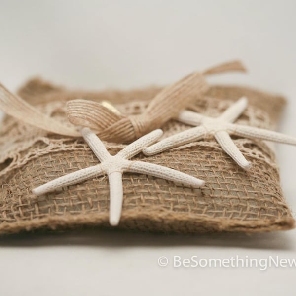 Starfish Ring Pillow: Rustic Burlap & Vintage Lace, Beach Wedding