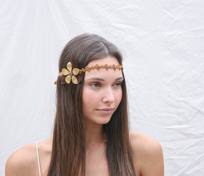 Hippie Bohemian Tie Headband of Camel Suede Trim, brown Leaves and a large metal daisy, Boho Festival Fashion image 5