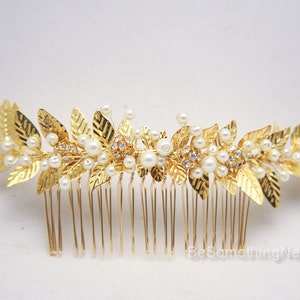 Wedding Decorative Comb Gold Leaf and Pearl Bridal Hair Comb, Grecian Leaf Wedding Hair Comb Brass Bridesmaids Hair Decoration, Laurel Leaf image 2