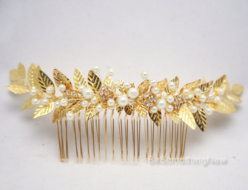 Wedding Decorative Comb Gold Leaf and Pearl Bridal Hair Comb, Grecian Leaf Wedding Hair Comb Brass Bridesmaids Hair Decoration, Laurel Leaf image 2