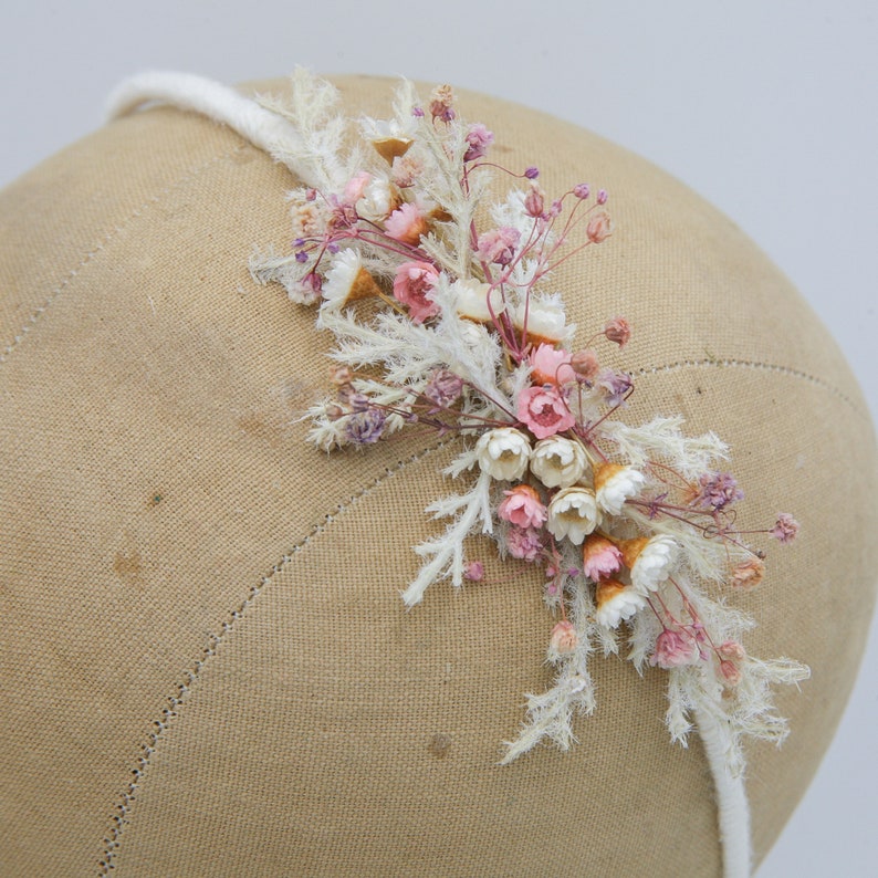 Dried Flower Headband in Pink and Ivory, with Babies Breath, Flower Girl Wedding Headpiece image 7