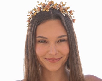 Flower Crown Wedding Headband in Peach and Gold with Wired Pearls, Bridal Headpiece