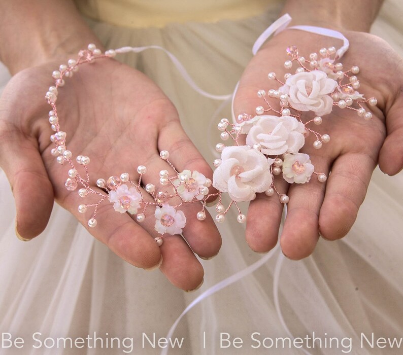 White and Rose Gold Flower Crown Beaded Woodland Wedding Hair | Etsy