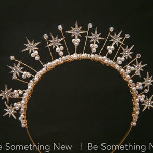 Celestial Wedding Crown of Gold Stars with Rhinestone and Pearls, Boho Tiara