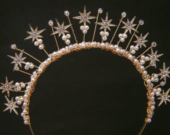 Celestial Wedding Crown of Gold Stars with Rhinestone and Pearls, Boho Tiara