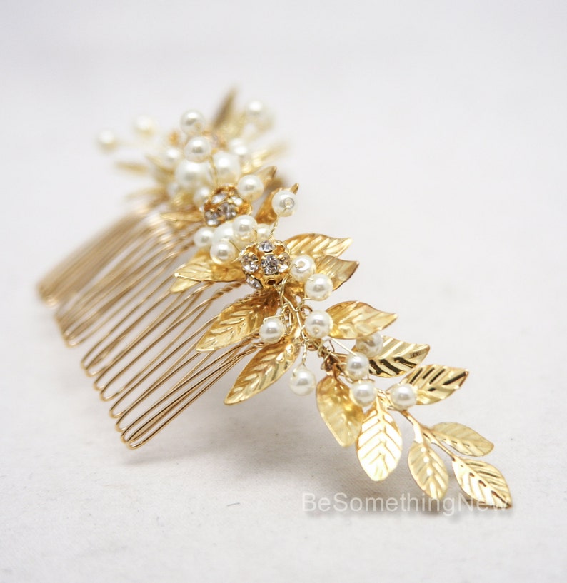 Wedding Decorative Comb Gold Leaf and Pearl Bridal Hair Comb, Grecian Leaf Wedding Hair Comb Brass Bridesmaids Hair Decoration, Laurel Leaf image 4