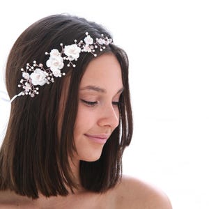 White and Rose Gold Flower Crown, Beaded Woodland Wedding Hair Halo