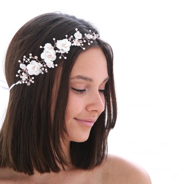 White and Rose Gold Flower Crown, Beaded Woodland Wedding Hair Halo