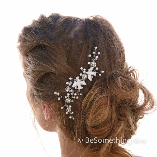 Love Birds Beaded Wedding Hair Vine, Wedding Comb Wired Pearl Hair Vine with Love Birds, Bridal Headpiece