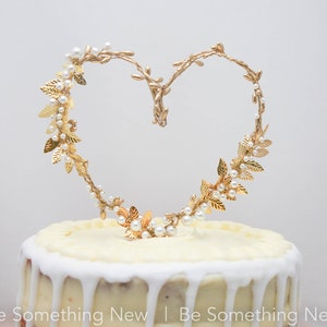 Gold Heart and Metal Leaf Wedding Cake Toper Twisted Berry golden Rustic Heart Wedding Decor Metal leaves image 2