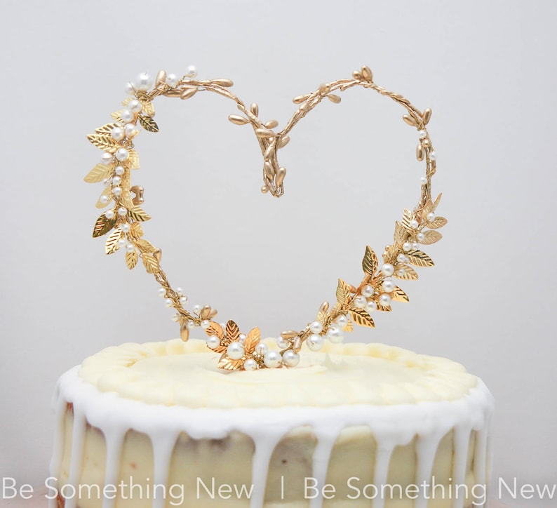 Gold Heart and Metal Leaf Wedding Cake Toper Twisted Berry golden Rustic Heart Wedding Decor Metal leaves image 2