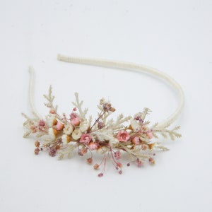 Dried Flower Headband in Pink and Ivory, with Babies Breath, Flower Girl Wedding Headpiece image 3