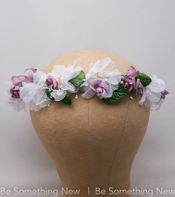 Vintage Flower Crown In Lavender and White with G… - image 2