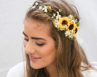 Sunflower Flower Crown with Green Leaves and Babies Breath Wedding Hair, Boho Halo