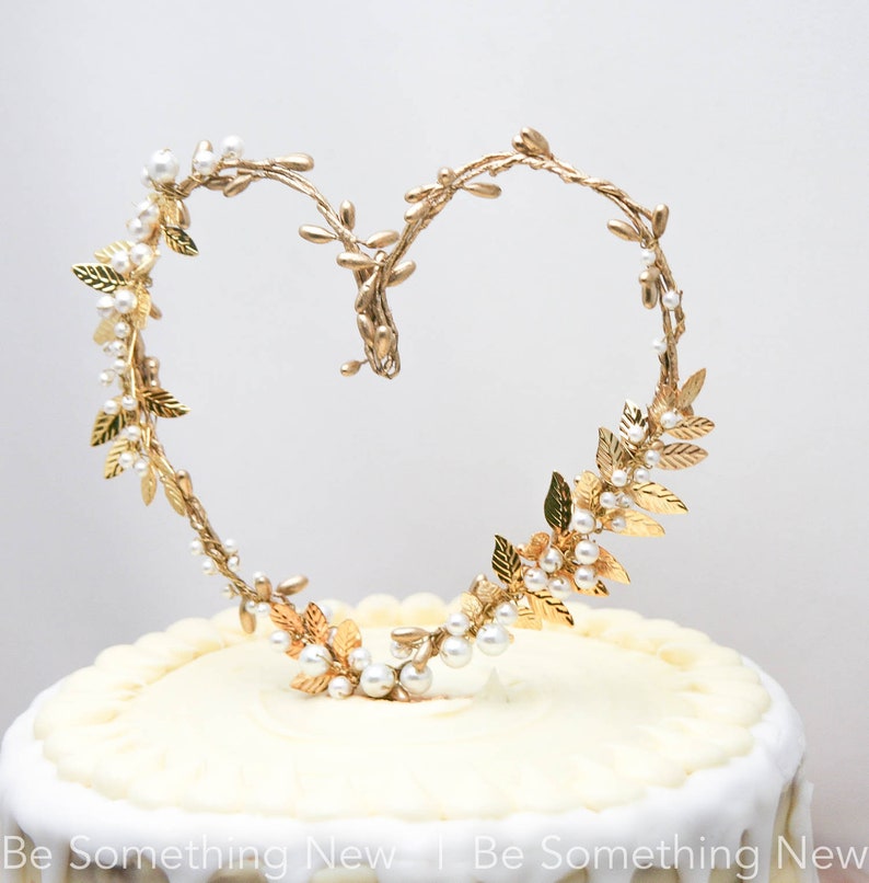 Gold Heart and Metal Leaf Wedding Cake Toper Twisted Berry golden Rustic Heart Wedding Decor Metal leaves image 5