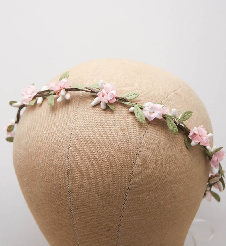 Flower Crown Pink and Green, Wedding Halo, Small Floral Headbands, Bridesmaids Hair Accessory, Flower Girl Headpiece image 3